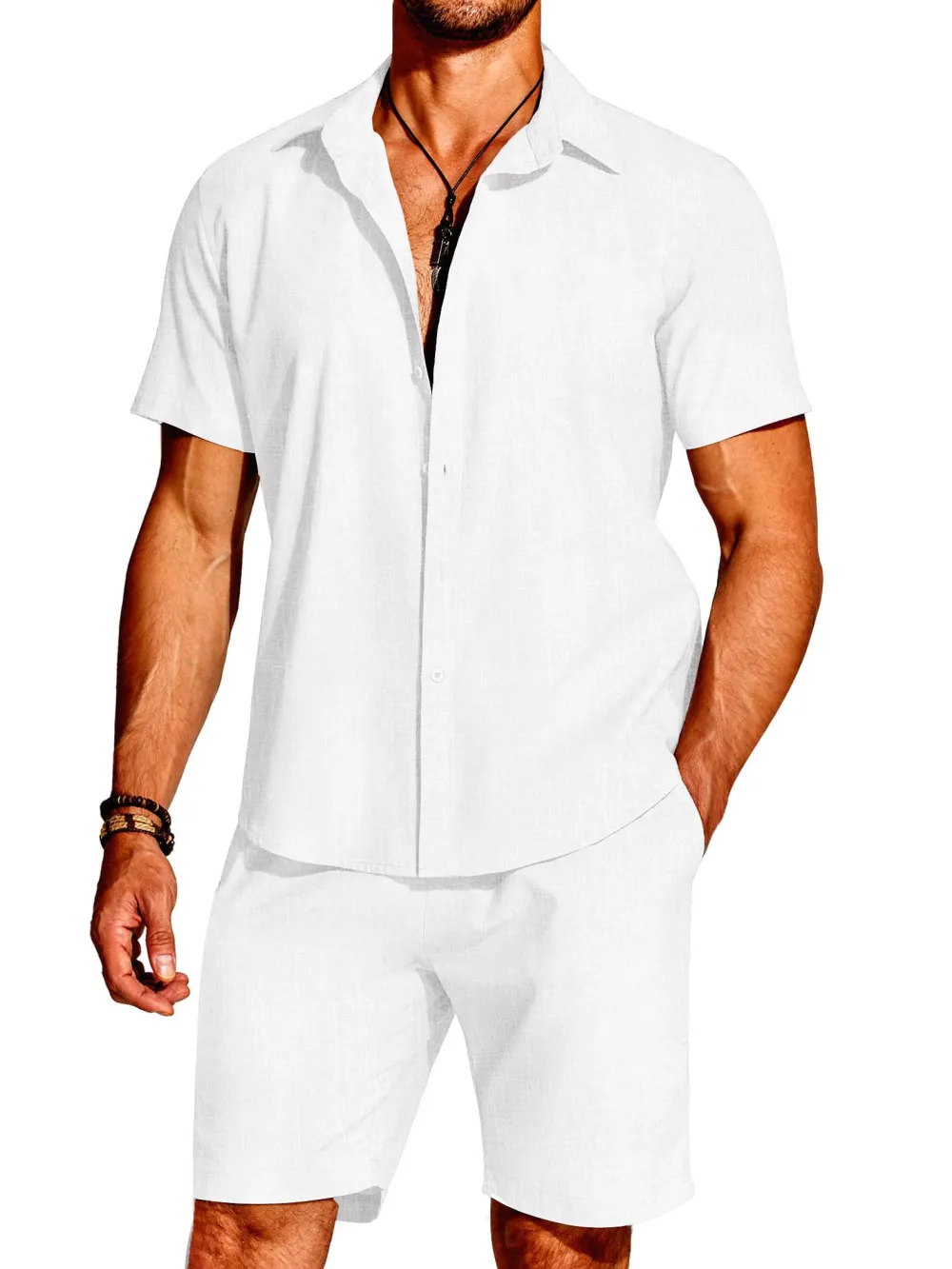 Linen Blend Short Sleeve Shirt Set