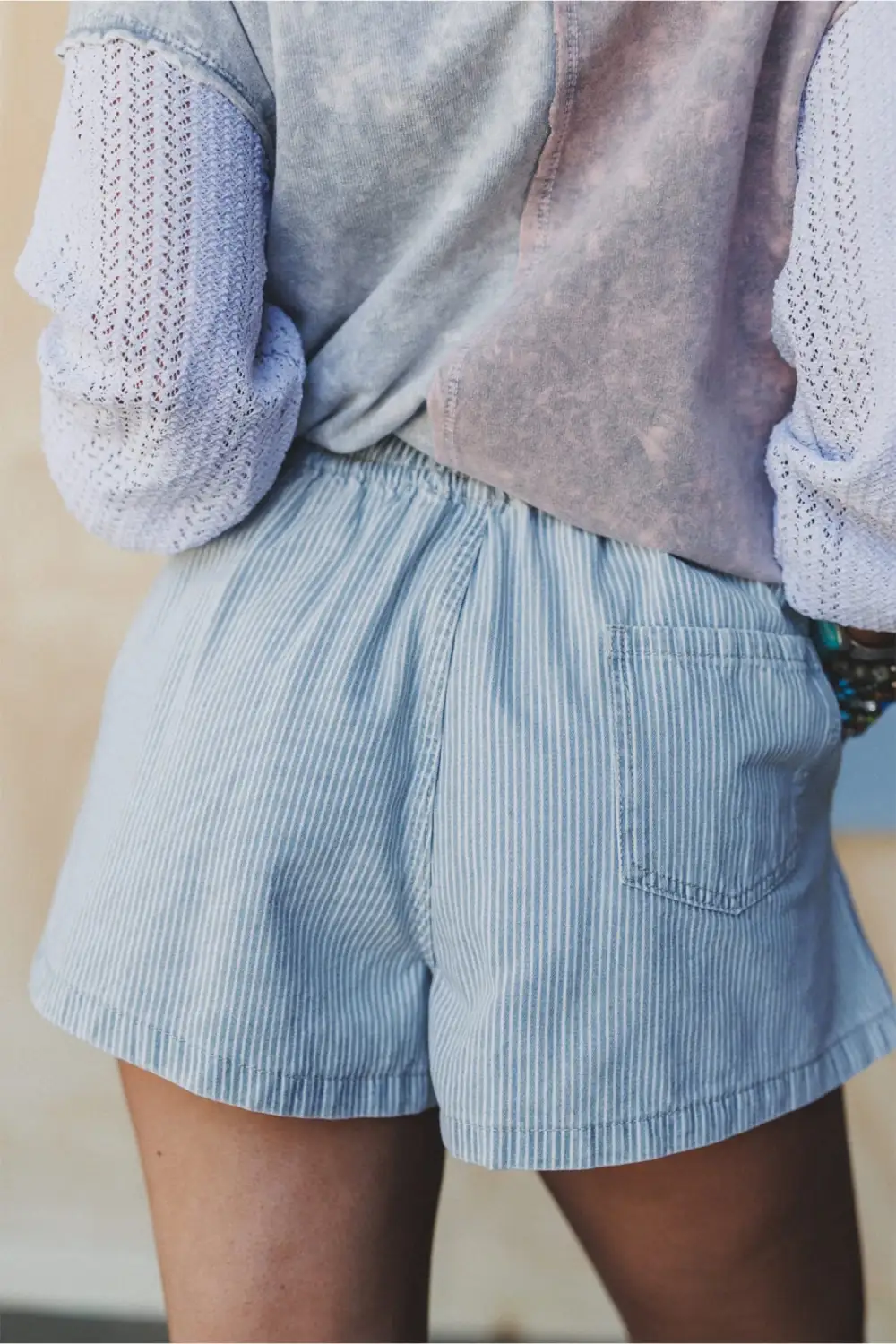 Striped Elastic Waist Drawstring Relaxed Fit Denim Shorts