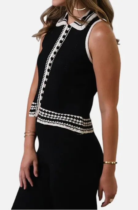 Black Crochet Edge Collared Top