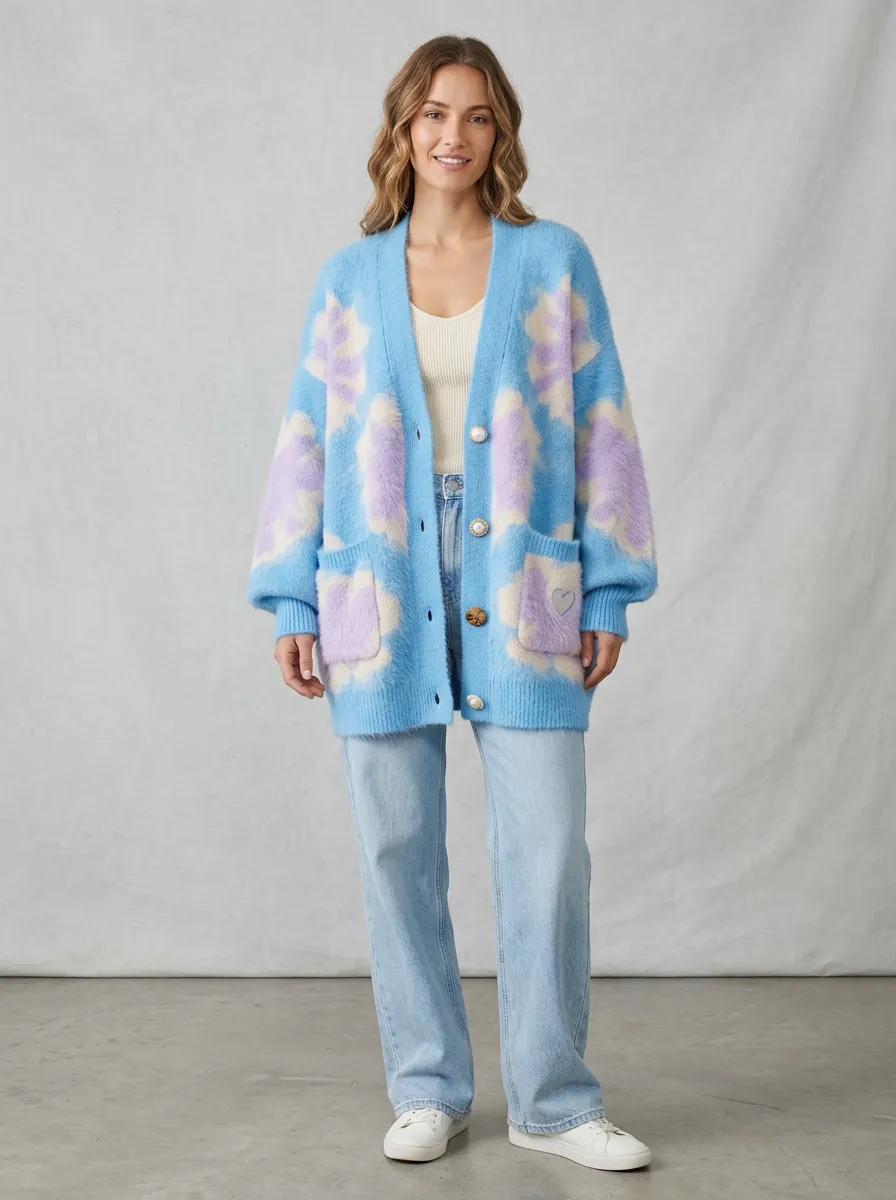 Women's Floral Pattern Blue Purple Fuzzy Knitted Cardigan