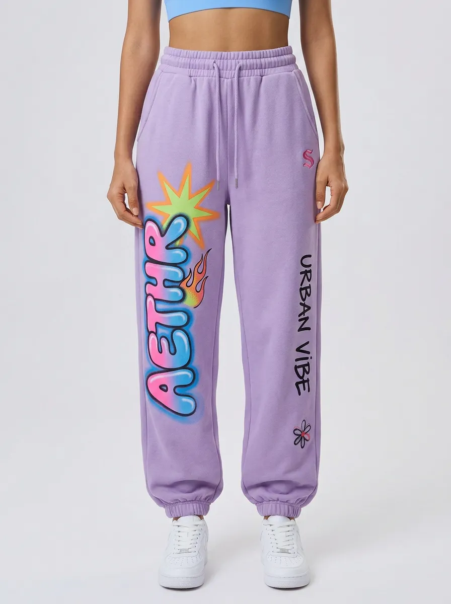 Women's Streetwear Graffiti Aethr Flame Printed Joggers