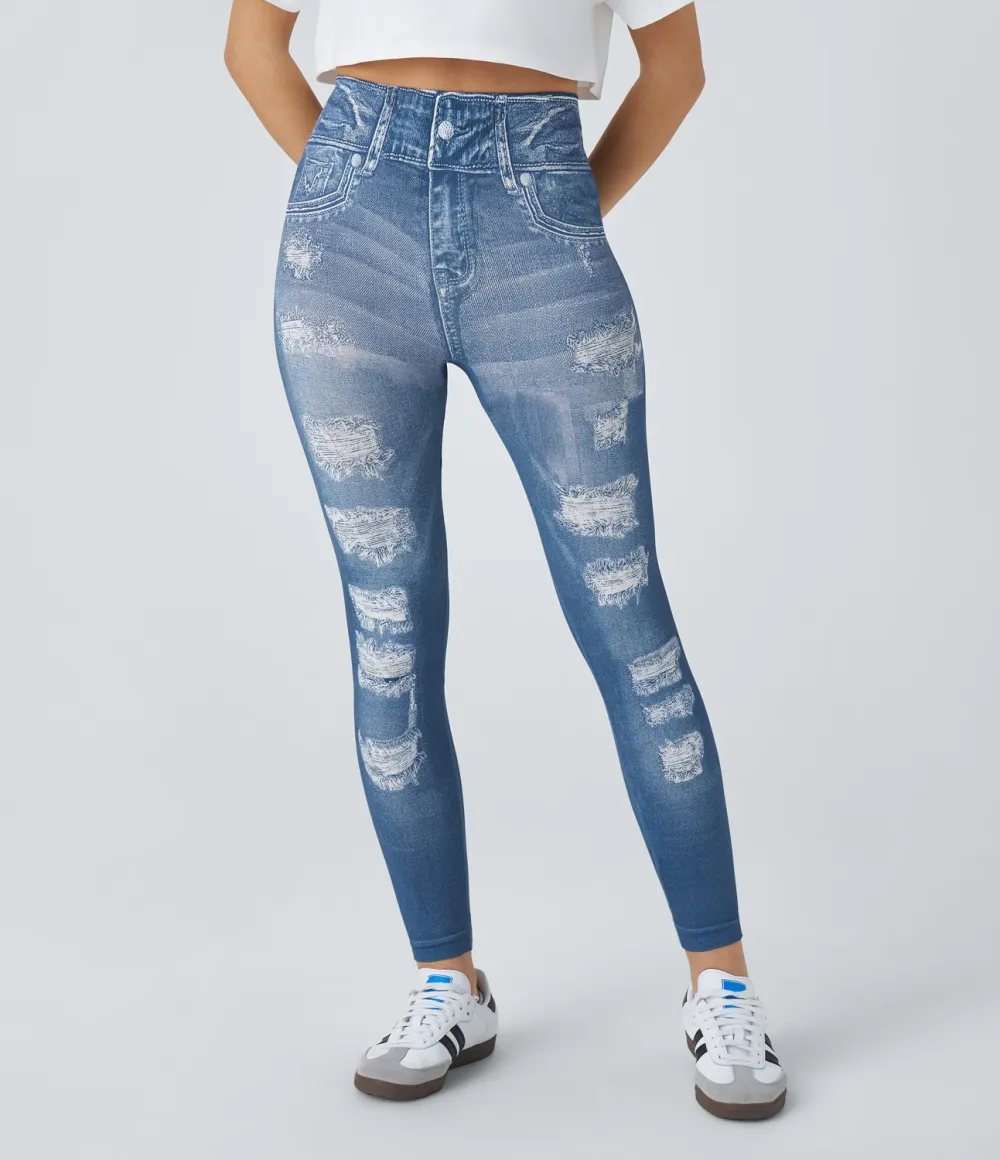 Seamless Flow High Waisted Denim Print Casual Leggings