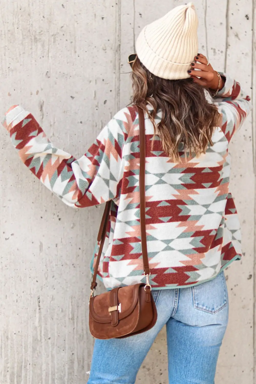 Western Aztec Button Zipper Pockets Fleece Jacket