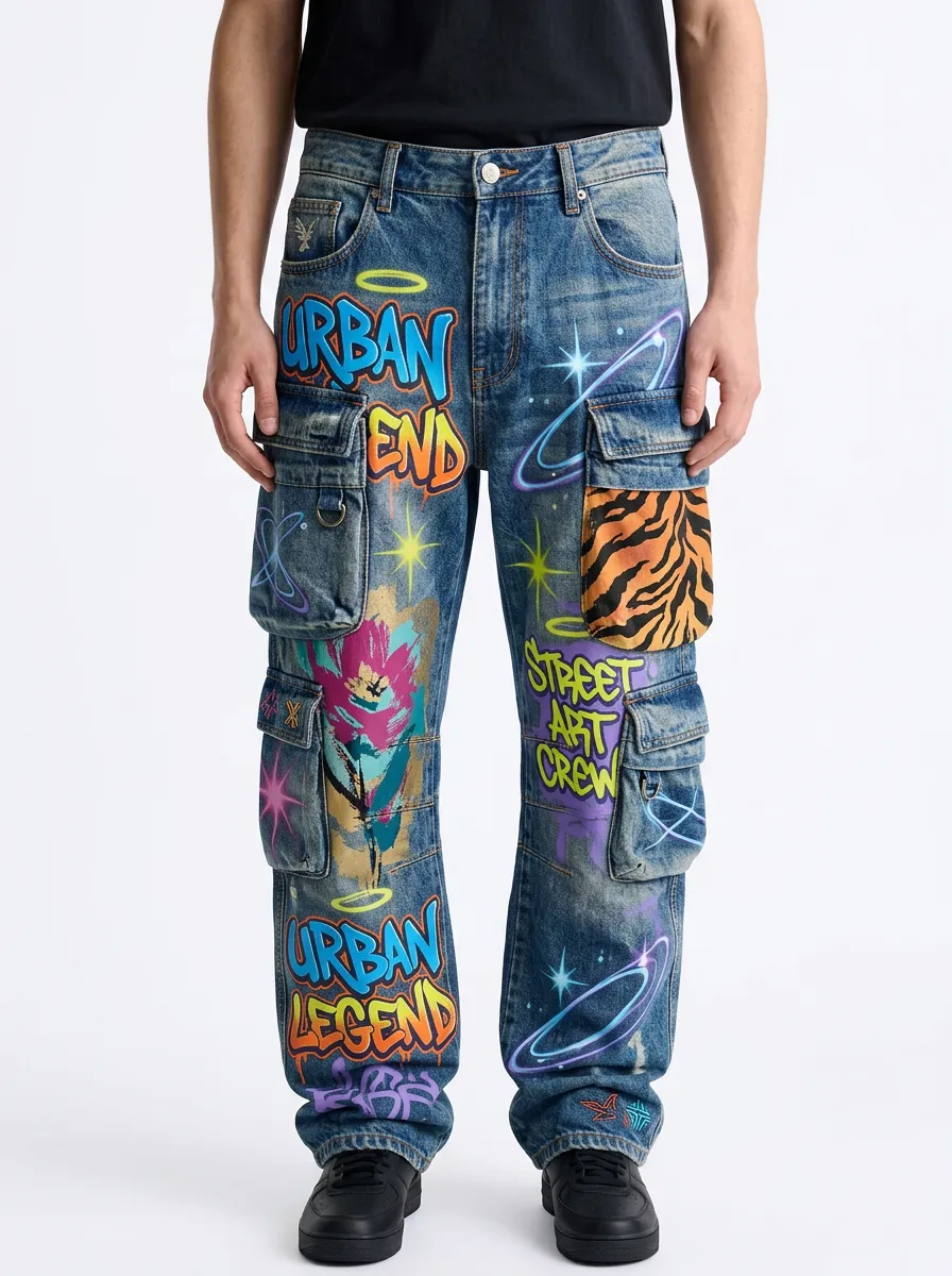 Men's Streetwear Urban Legend Graffiti Tiger Print Graphic Cargo Jeans