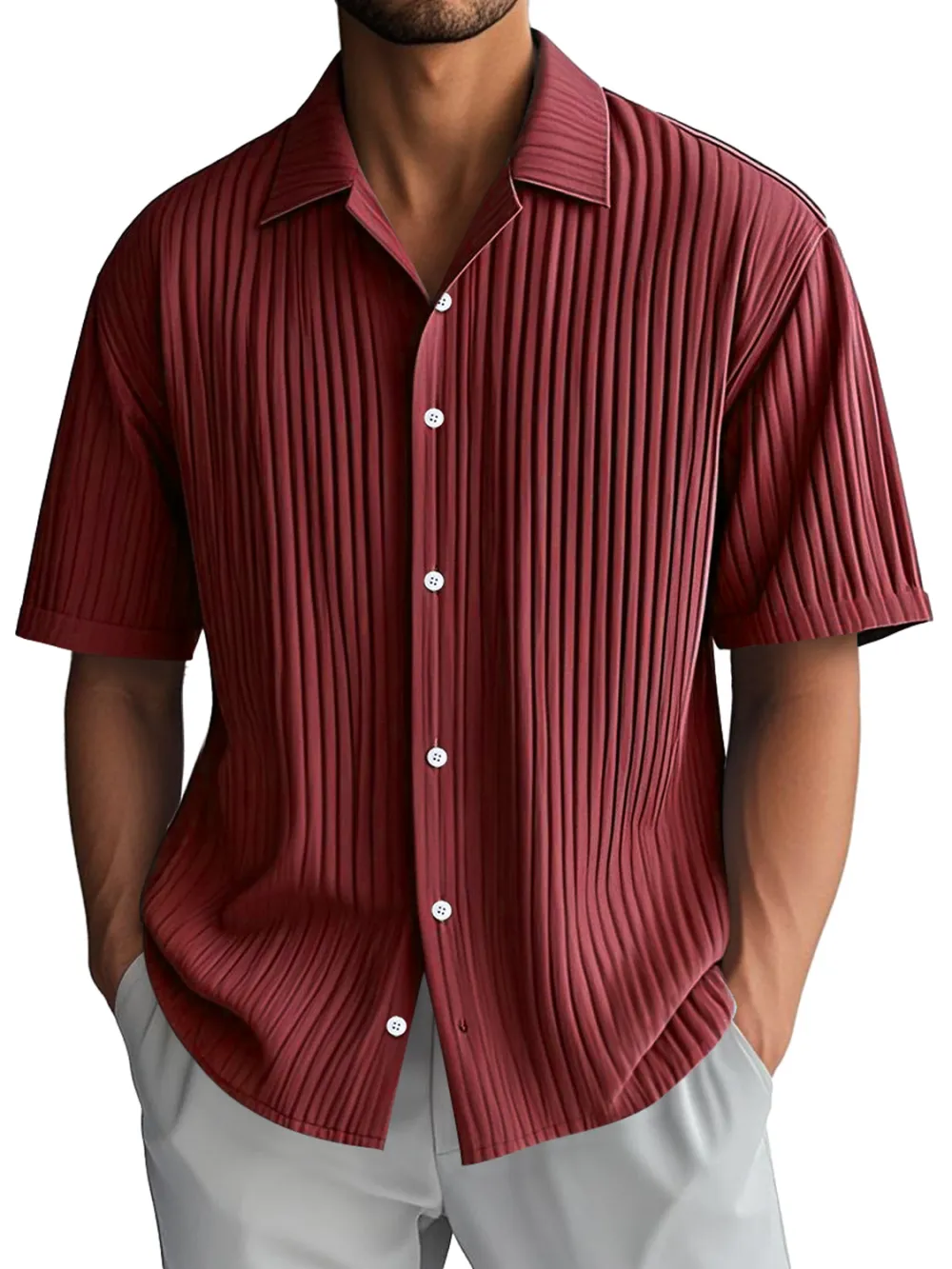 Ribbed Knit Camp Collar Shirt