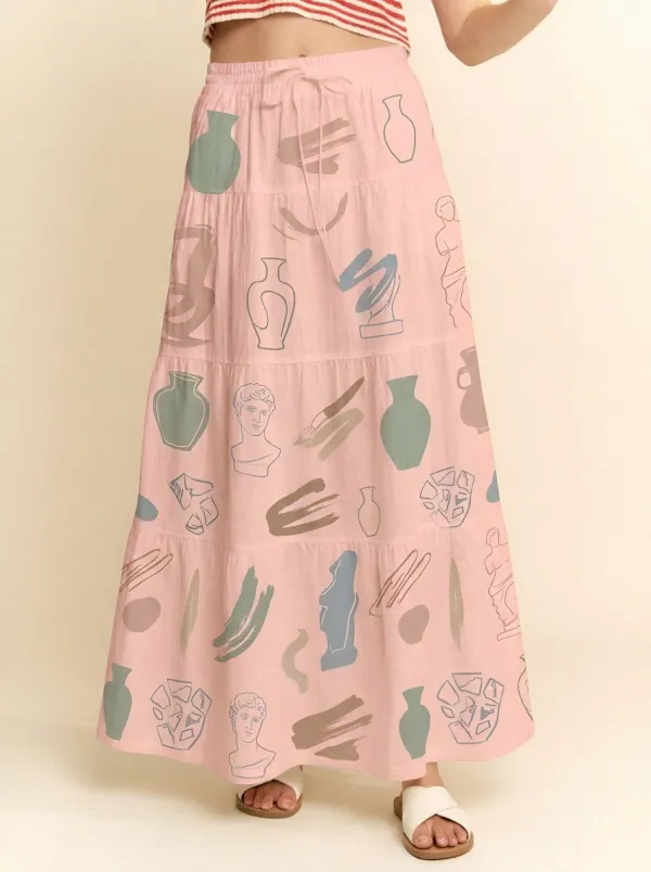 Women's Art Lover Greek Statue Vase Printed Maxi Skirt
