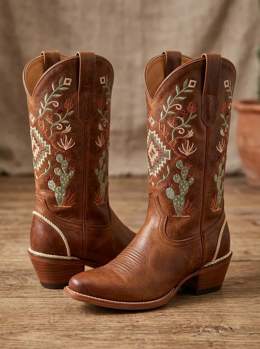 Prairie Cactus Floral Embroidered Western Edit Unisex Western Cowboy Boots