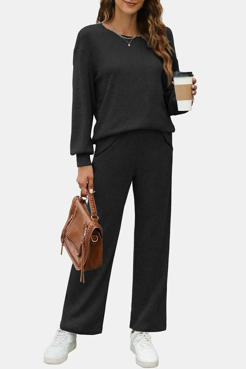 Stretch Round Neck Long Sleeve Top And Pants Set