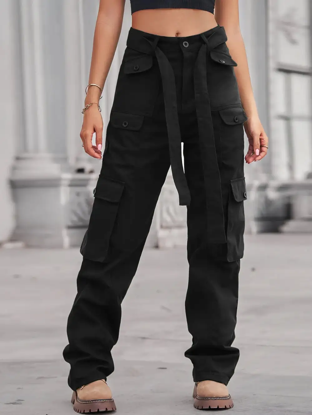 High Waist Cargo Pocketed Denim Jeans