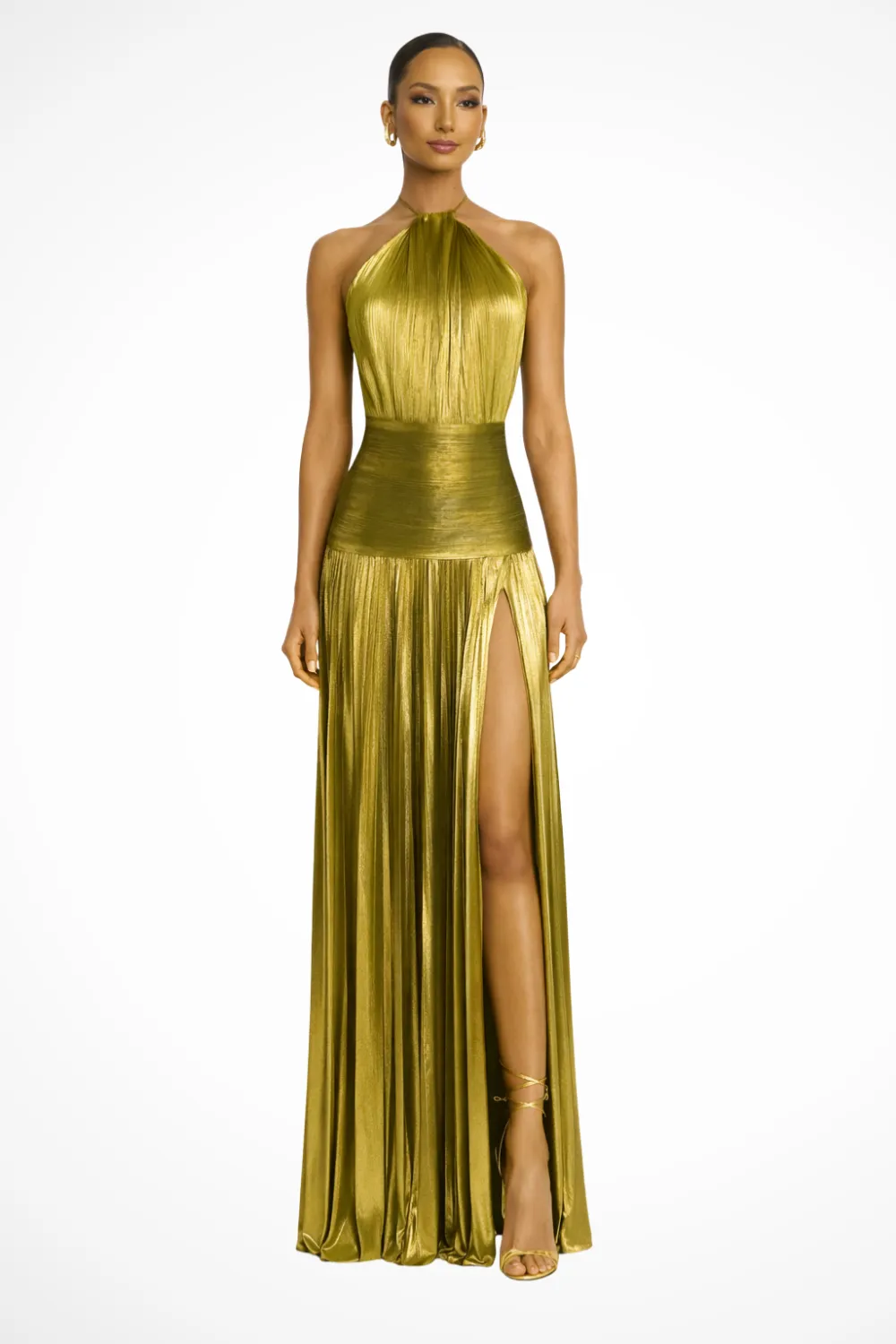  Halter Neck Pleated Satin Maxi Dress