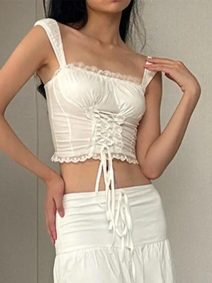 Square-Neck Lace Tie-Front Slim-Fit Tank Top