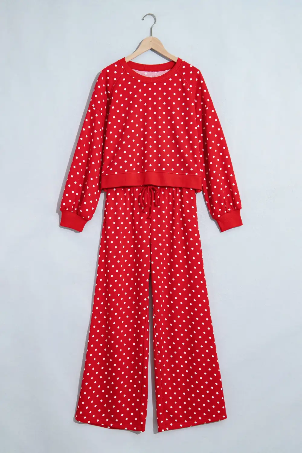 Women's Polka Dot Drawstring Wide Leg Long Sleeve Top Pant Set