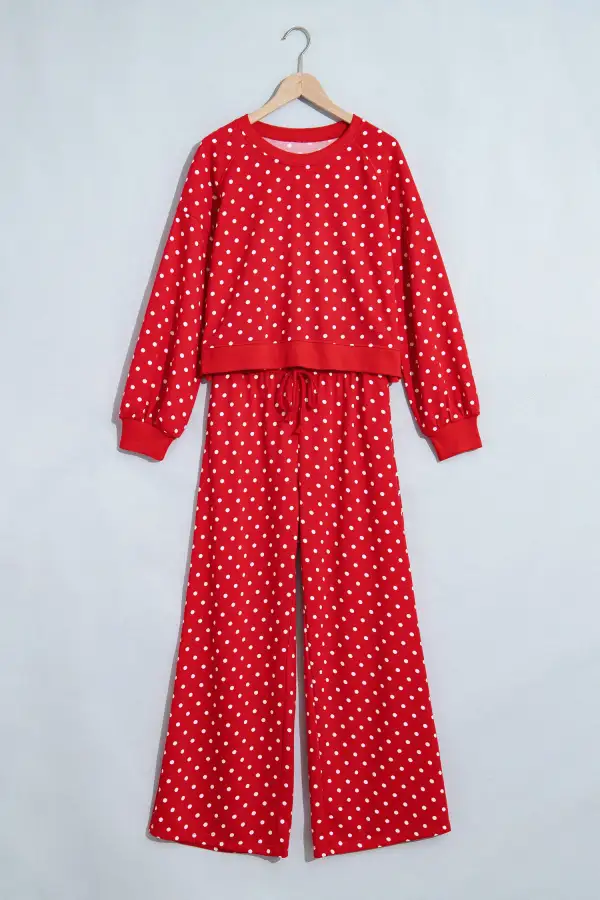 Women's Polka Dot Drawstring Wide Leg Long Sleeve Top Pant Set