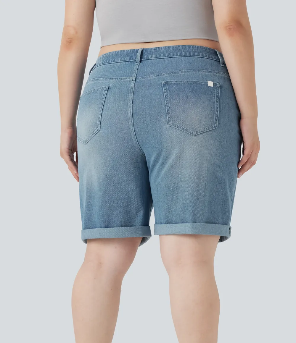  High Waisted Multiple Pockets Rolled Hem Washed Stretchy Knit Denim Casual Plus Size Bermuda Shorts