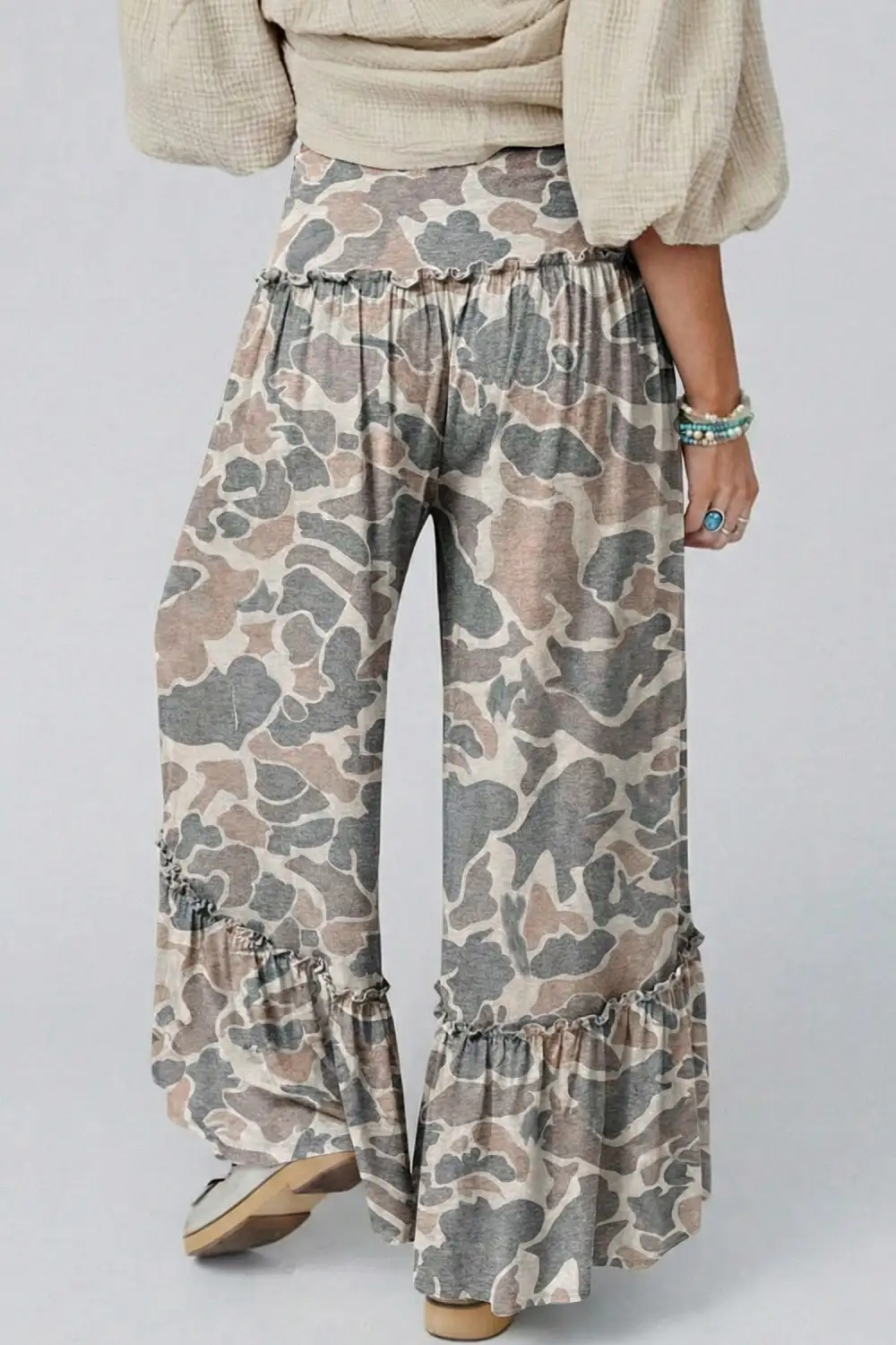 Camo Print Wide Leg Casual Trousers
