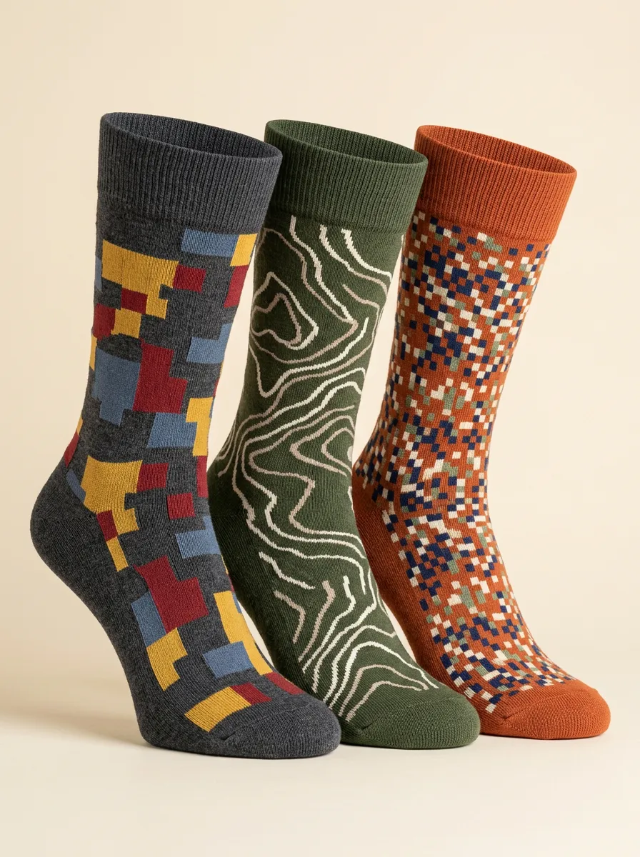 Men's Geometric Topographic Pixel Three-Pack Socks