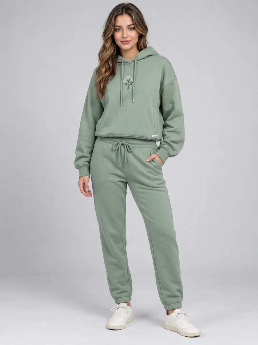 Women's Sage Green Relaxed Fit Solid Hoodie & Pants Set