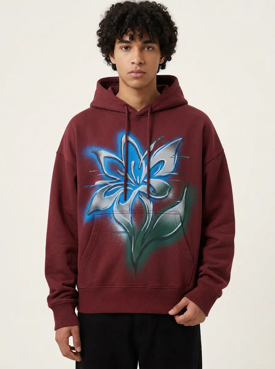 Unisex Streetwear Blue Floral Airbrush Hoodie