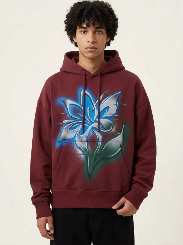 Unisex Streetwear Blue Floral Airbrush Hoodie
