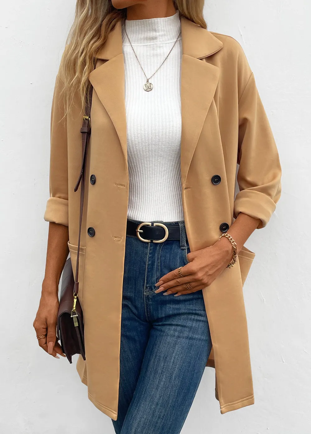 Light Camel Pocket Long Sleeve Lapel Coat