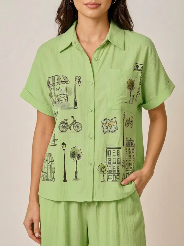 Women's Travel-Inspired City Street Printed Button-Up Shirt
