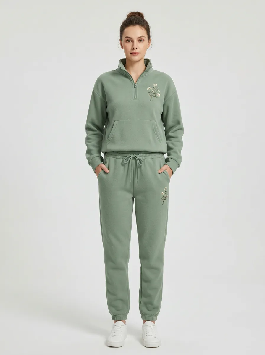 Women's Floral Embroidered Quarter-Zip Lounge Set