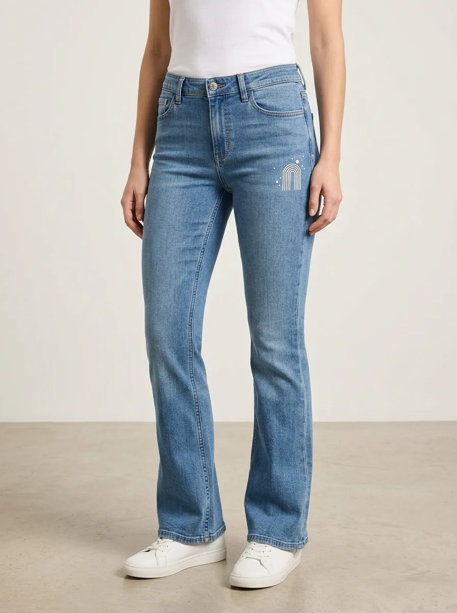 Women's Minimal Rainbow Embroidered Mid-Rise Flare Jeans