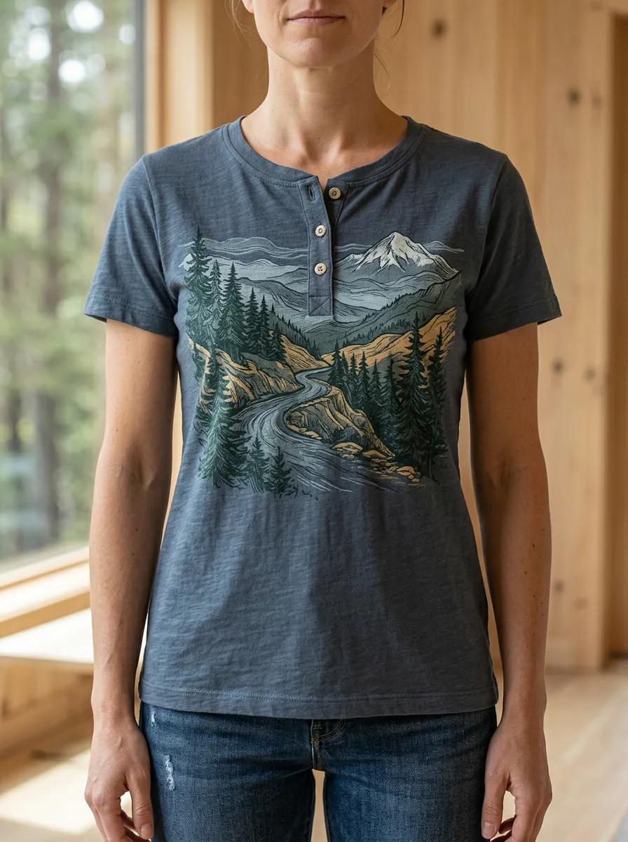 Women's Modern Nature Lover Mountain Forest River Henley T-Shirt