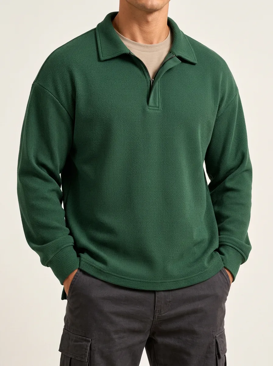 Simple Sweatshirt with Waffle Knit Finish and Quarter-Zip Front