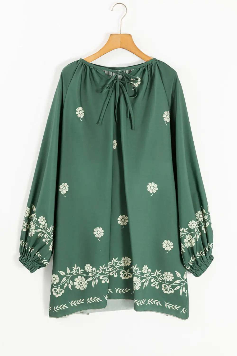 Tie Neck Boho Floral Pattern Puff Sleeve Shift Dress