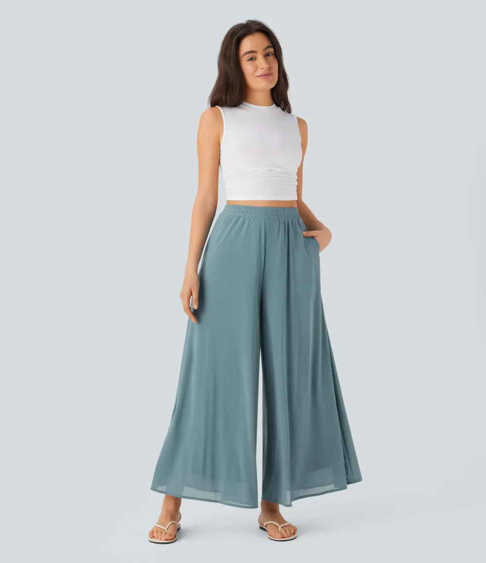 High Waisted Pocket Mesh Overlay Wide Leg Casual Pants