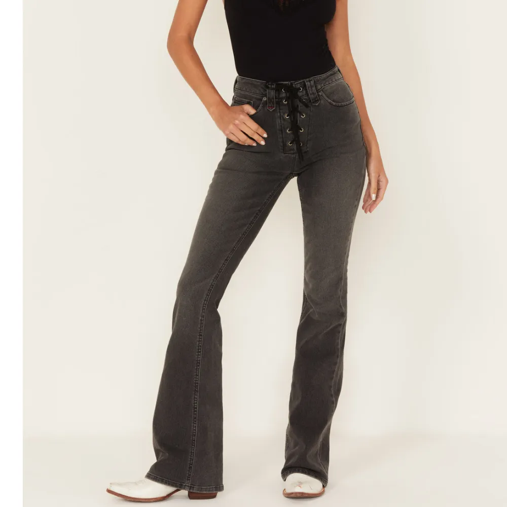 High Rise Bootcut Lace Up Panel Detail Jeans