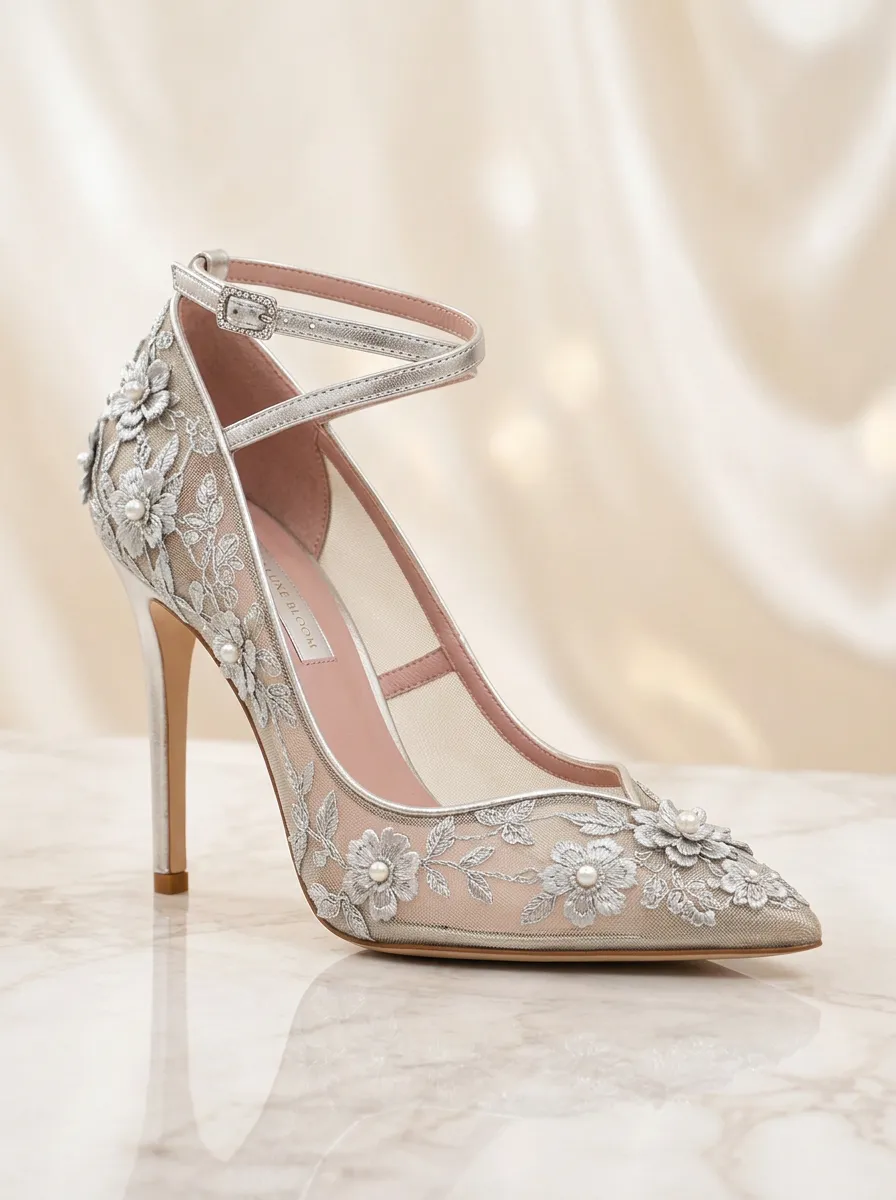 Pearl Floral Embroidered Mesh Women's Formal High Heels