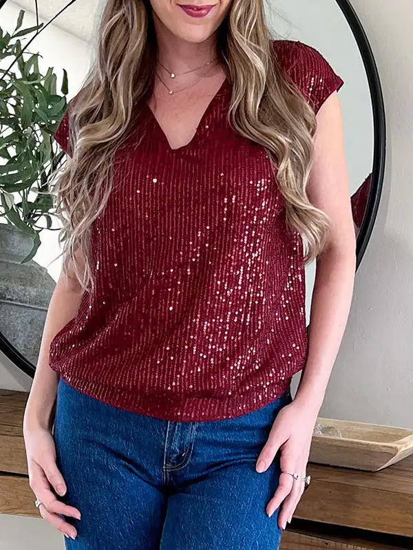 Batwing Sleeve Relaxed Sequined Shiny V-Neck T-Shirt