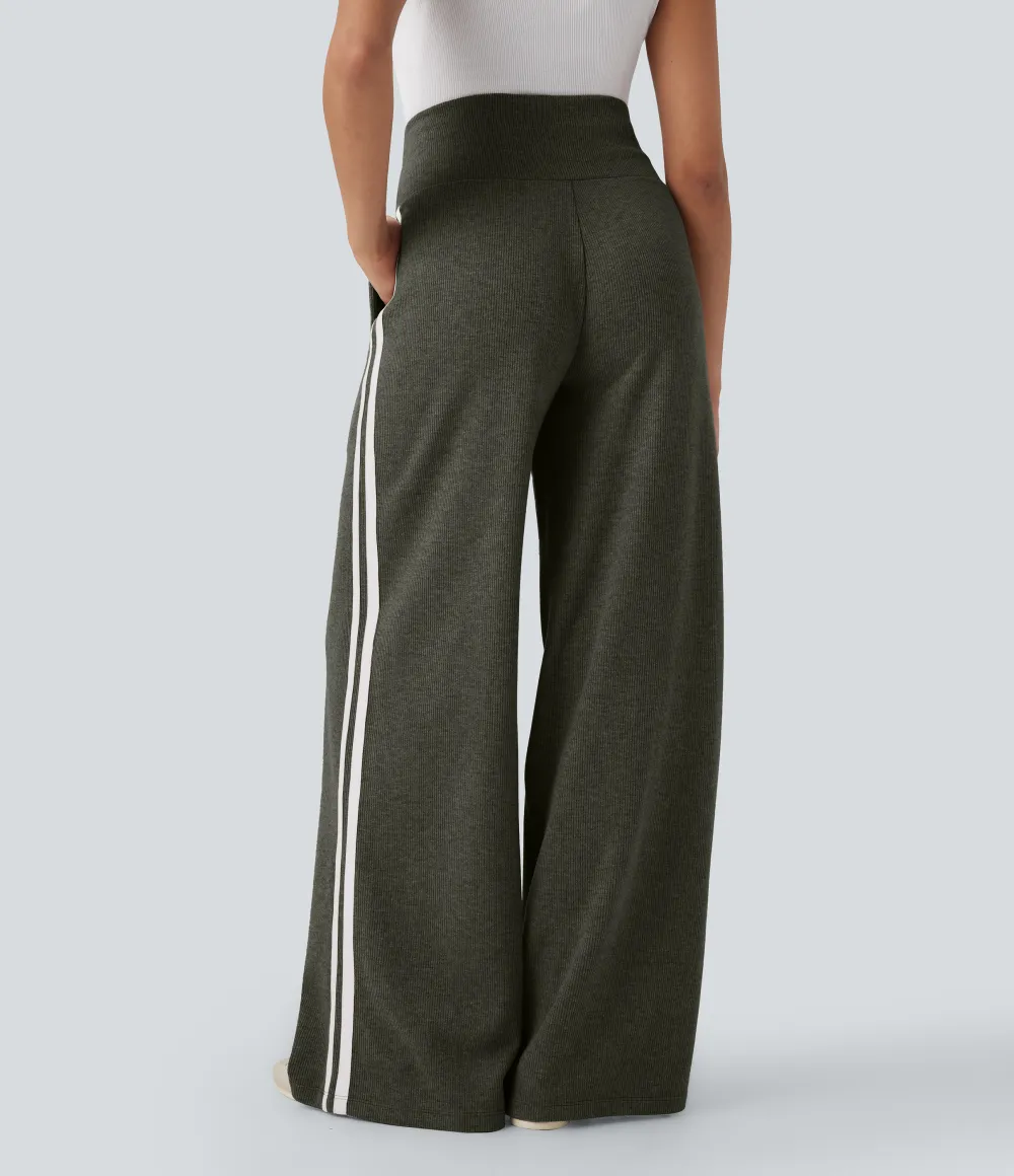 2026🔥  Ribbed SoCinched High Waisted Tummy Control Drawstring Wide Leg Color Block Casual Trousers with Pockets