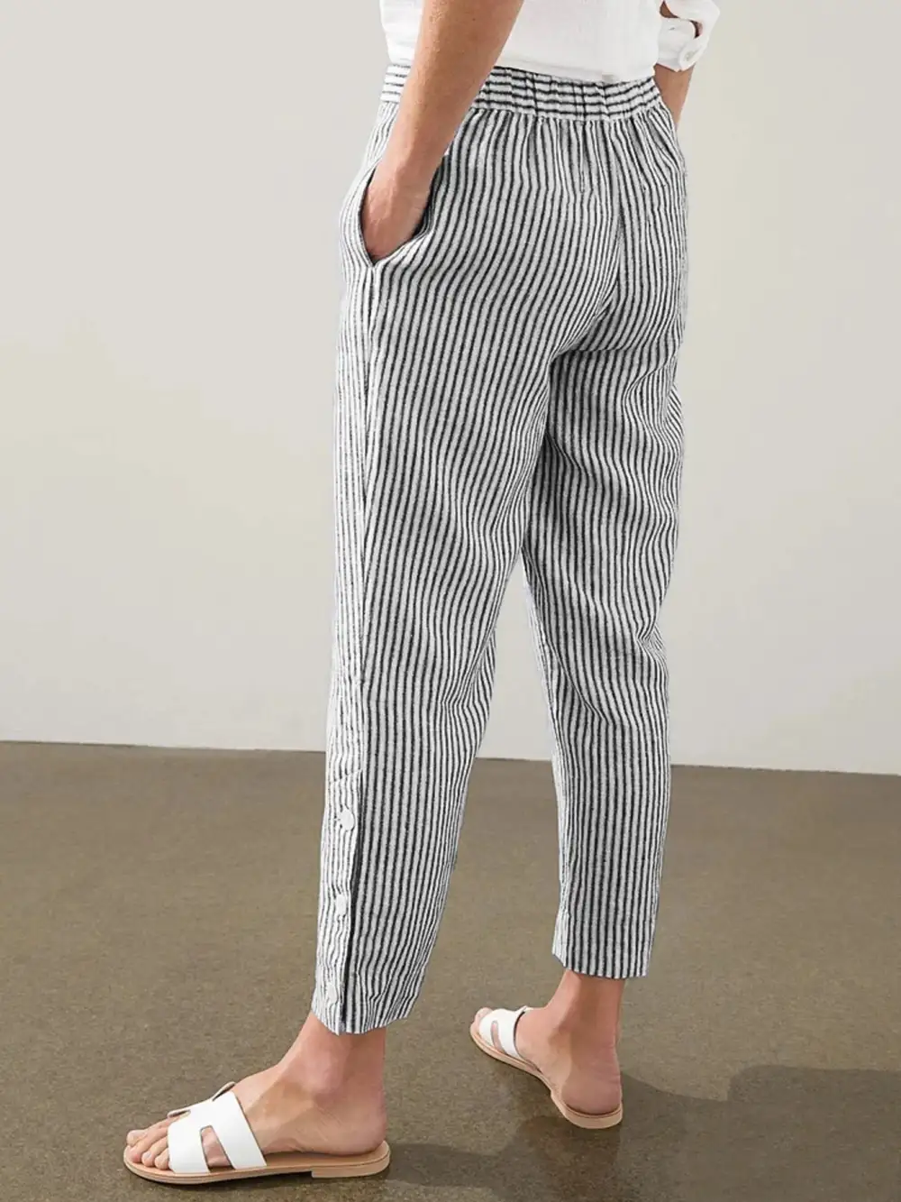 Striped Button Detail Pocketed Casual Pants