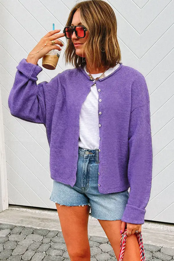 Solid Knit Button Drop Shoulder Cardigan