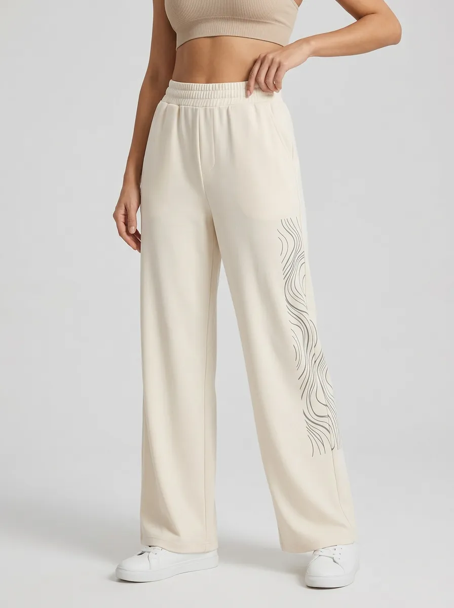 Women's Cream Graphic Print Wide-Leg Sweatpants