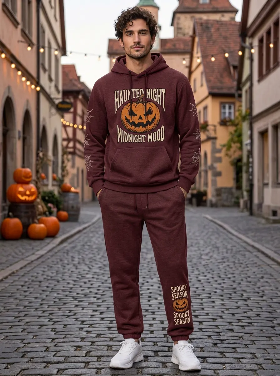 Men's Halloween Charcoal Haunted Night Pumpkin Spiderweb-Sleeve Hoodie Jogger Set