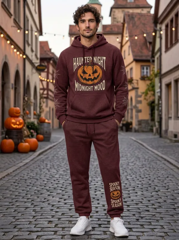 Men's Halloween Charcoal Haunted Night Pumpkin Spiderweb-Sleeve Hoodie Jogger Set