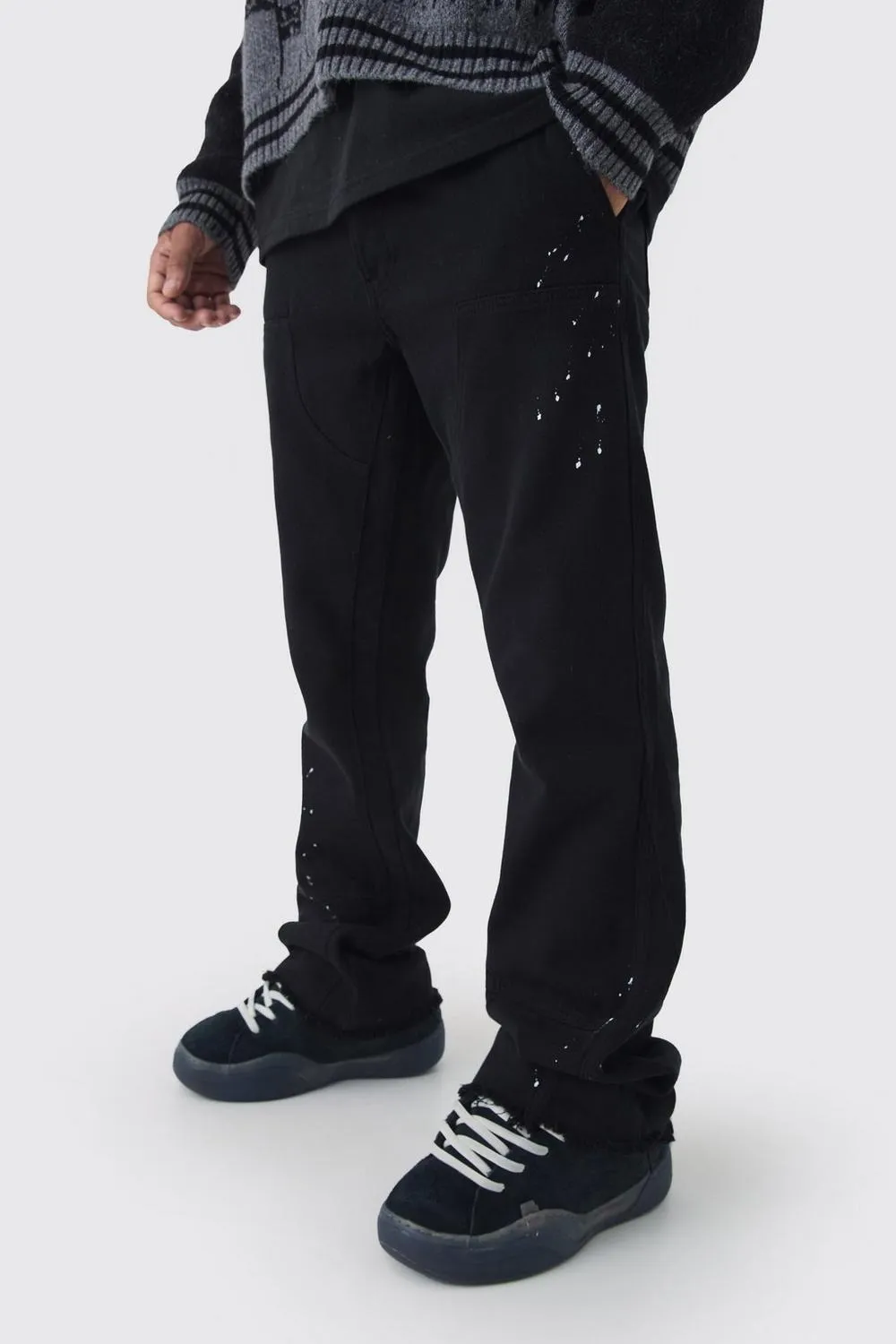 Black Relaxed Flared Carpenter Paint Splatter Pants Daily Casual Style