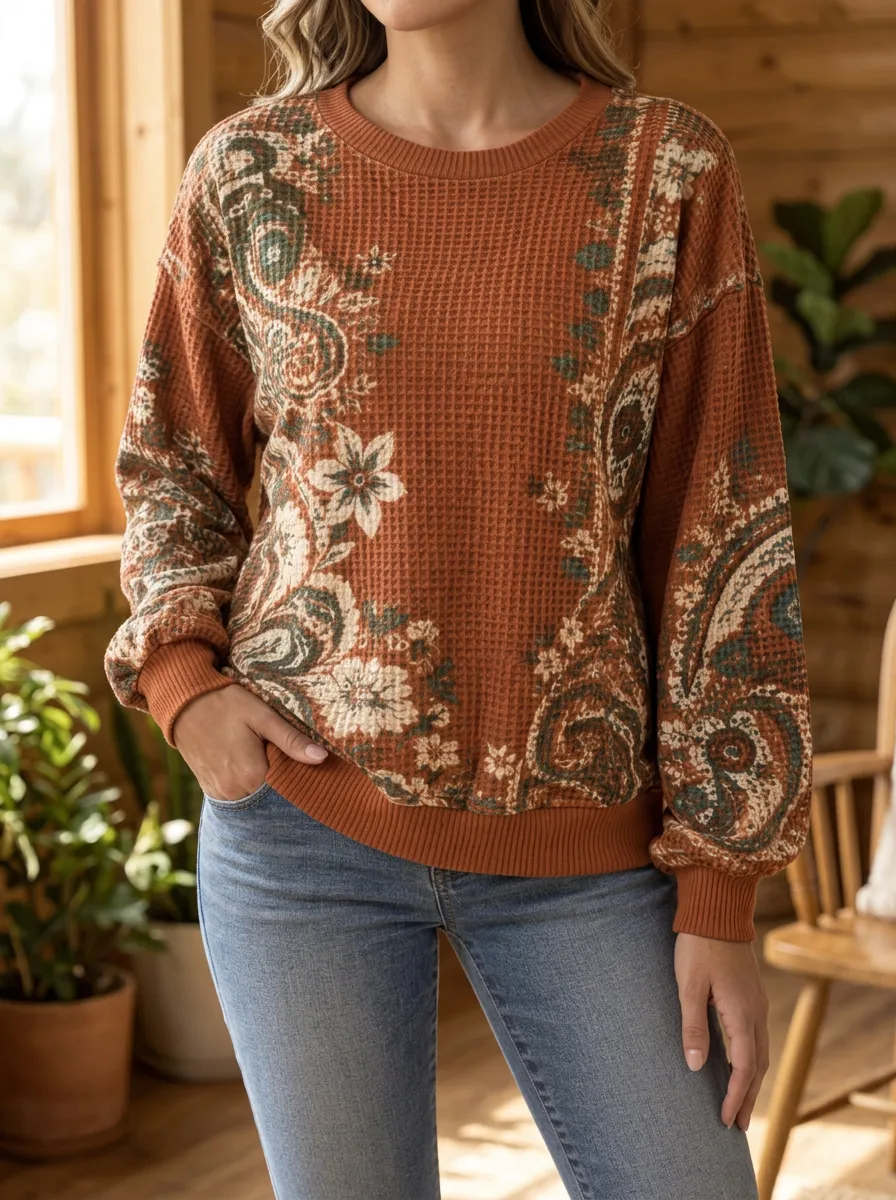 Women's Everyday Boho Paisley Floral Waffle Knit Crewneck Sweatshirt