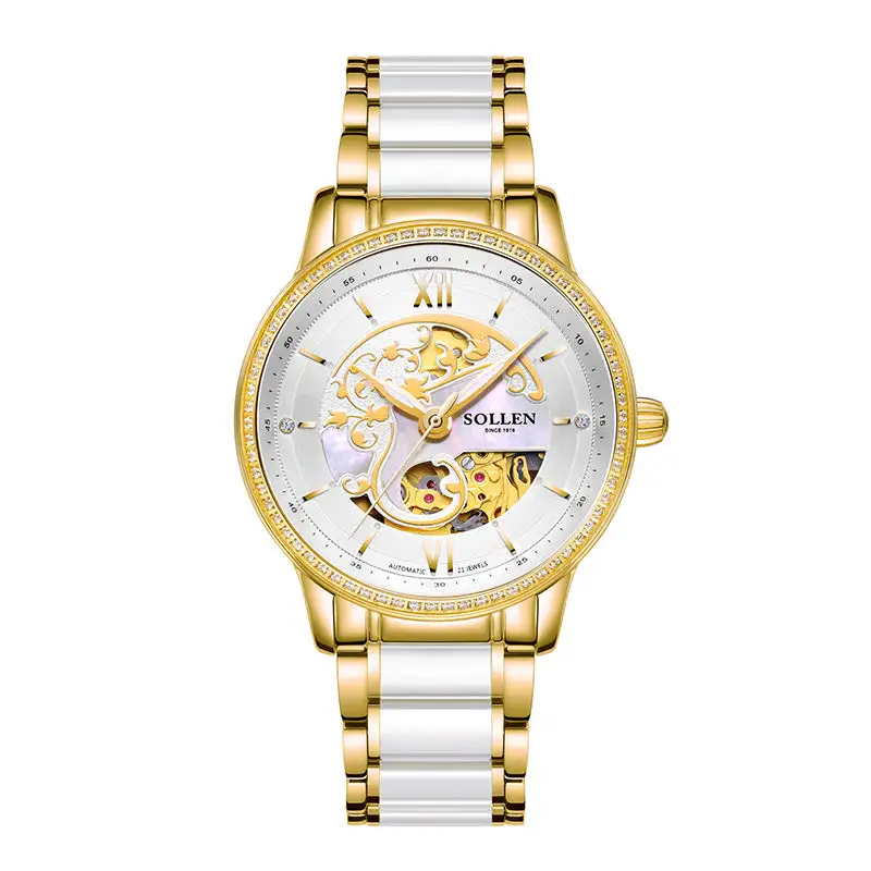 Sollen SL412 Women's Skeleton Automatic Watch - 36.5mm Crystal Bezel Sapphire Crystal Miyota 82S0 Ceramic Bracelet Wristwatch