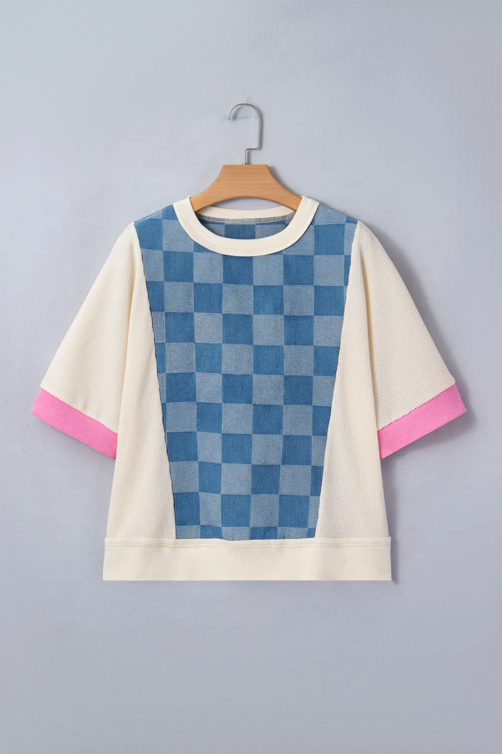 Dusk Blue Checkered Denim Patchwork Top