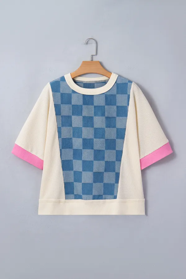 Dusk Blue Checkered Denim Patchwork Top