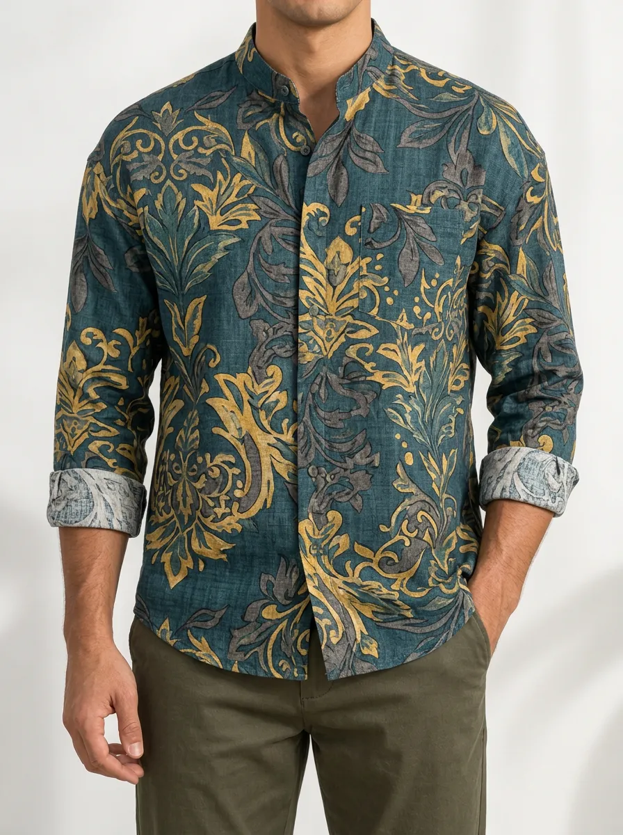 Men's Mandarin Collar Shirt with Vintage Print and Long Sleeves