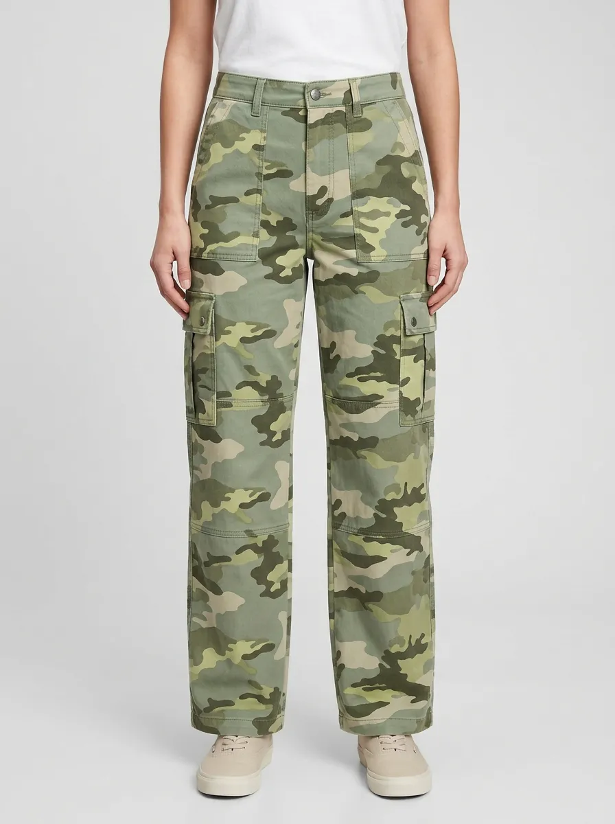 Women's Camouflage High-Rise Snap-Flap Pocket Patch-Pocket Straight-Leg Cargo Pants