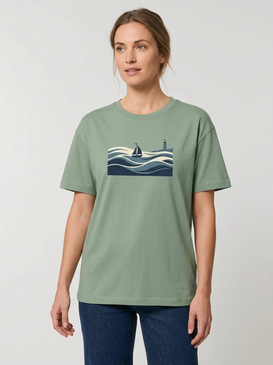 Women's Sailboat & Lighthouse Graphic Crewneck T-Shirt