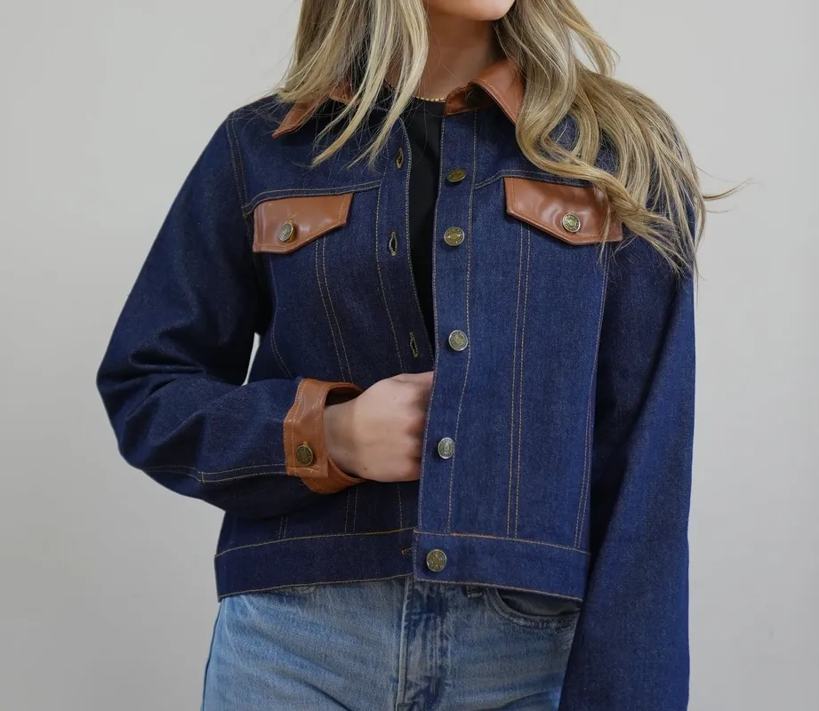 Faux Leather Denim Jacket