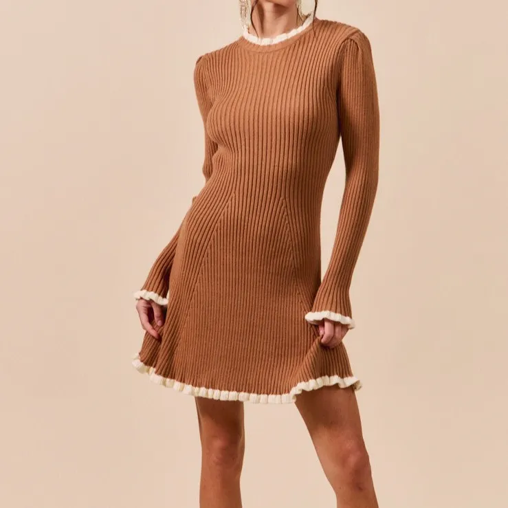Classic Ruffle Detail Long Sleeve Ribbed Knit Dress